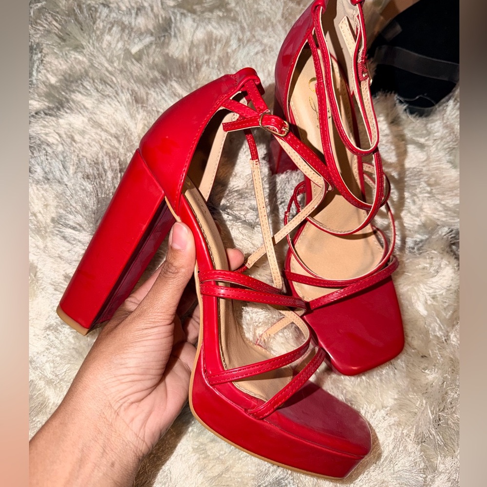 Red Patent Strappy Block Heel Sandals with Ankle Tie